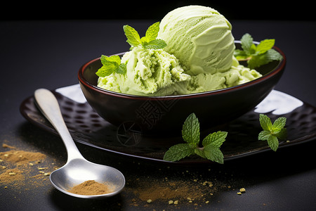 美味的绿茶薄荷冰淇淋背景图片