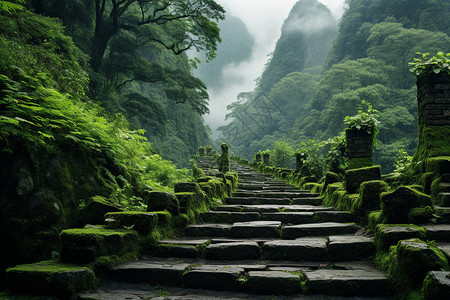 石台阶绿意盎然的山林之路插画