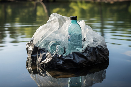 杜绝浪费水湖水中漂浮的垃圾袋设计图片