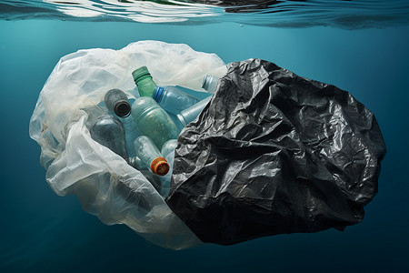 海洋塑料垃圾海洋中的垃圾袋设计图片