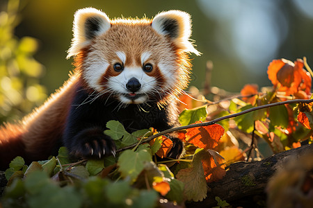 脸红小熊猫熊猫仰望森林树冠背景