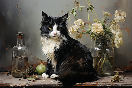 复古的猫咪油画背景图片