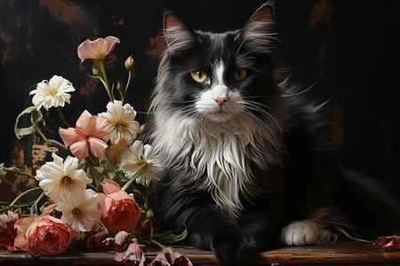 猫咪坐着的油画图片