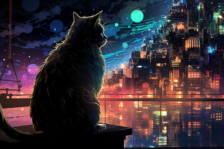 猫咪坐在夜晚的城市图片