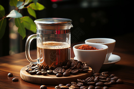 桌上的咖啡和咖啡豆背景图片