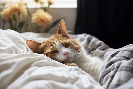 一只猫躺在床上睡觉图片
