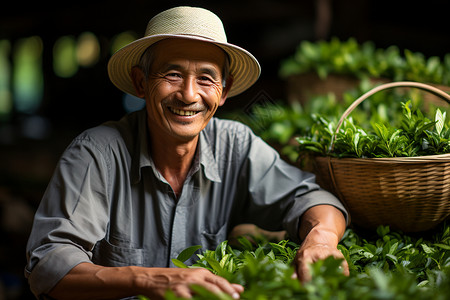 传统竹扁担上的茶叶图片