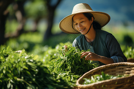 茶农在茶园中快乐采摘茶叶图片