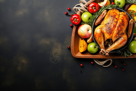 一个青苹果烤鸡水果和蔬菜的盘子背景