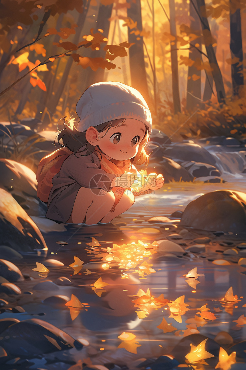 秋天河边的可爱女孩图片
