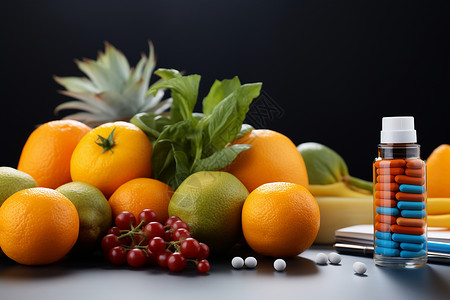 一桌子丰盛的新鲜水果与维生素药片图片