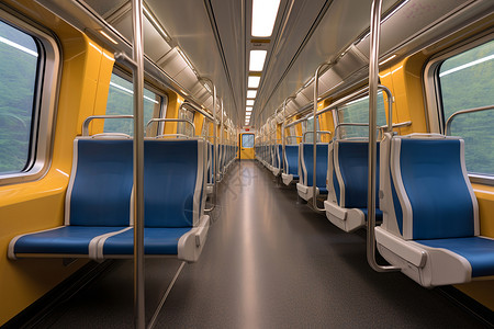 一辆有蓝色座椅的火车车厢高清图片