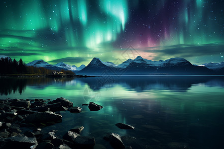 冰岛鳕鱼极光悠然凝视湖面星空璀璨背景设计图片