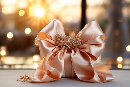 淡粉色布纹丝带垂于礼物上自然光线照亮借呼吸效果增添浪漫感背景