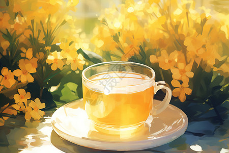阳光下的咖啡与鲜花背景图片