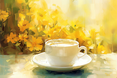 阳光下的咖啡与阳台上的鲜花背景图片