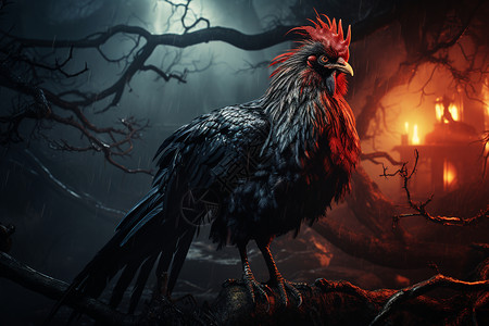 黑色鸡庇护于朽树下的孤鸡设计图片