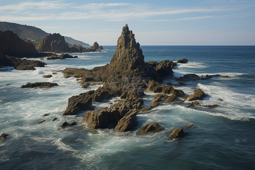 悬崖边的岩石与蔚蓝的海洋图片