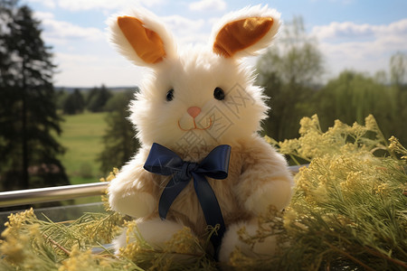 玩偶娃娃白色毛绒兔在草地上背景