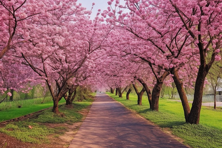 两排树两排粉色的樱花树背景
