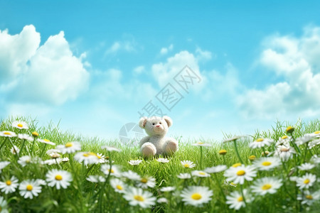 少女和玩具熊玩具熊站在菊花和草上设计图片