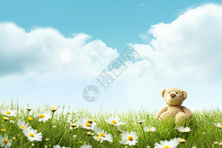 孩子躺在草坪上玩具熊在开满花的草坪上设计图片