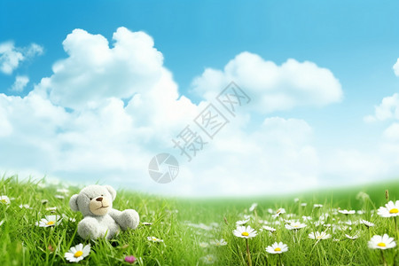 孩子躺在草坪上玩具熊在草坪上设计图片