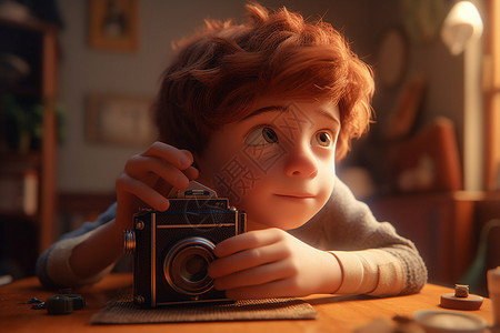一个可爱的小男孩拿着相机图片