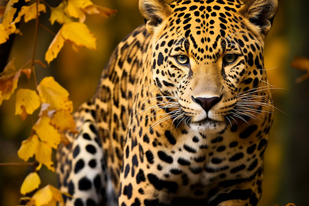 豹子穿越秋叶林高清图片