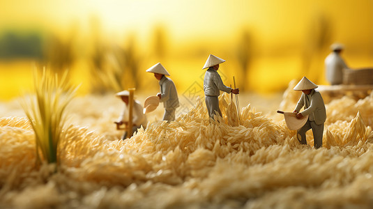 玩具人物金黄色稻田中的多个微小人物设计图片