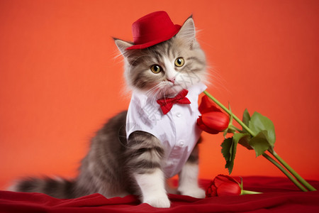 拍写真戴红帽的猫图片