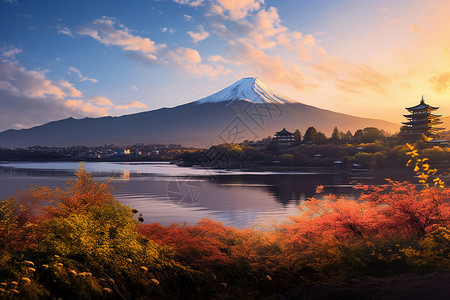 夕阳下富士山夕阳下的湖泊背景