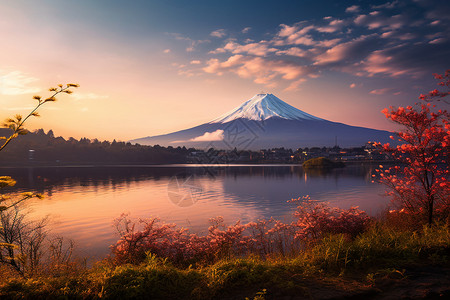 夕阳下富士山绝美夕阳下的山湖背景