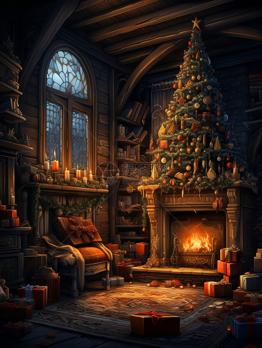 室内的圣诞树和壁炉图片
