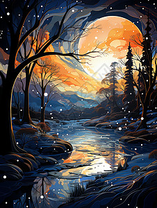 河畔夜景夜晚户外的湖畔插画
