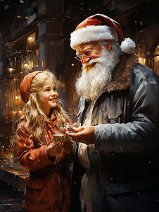 夜晚户外的圣诞老人和女孩背景图片