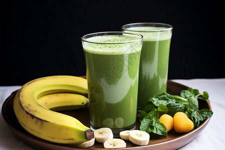 健康的蔬菜汁和香蕉背景图片