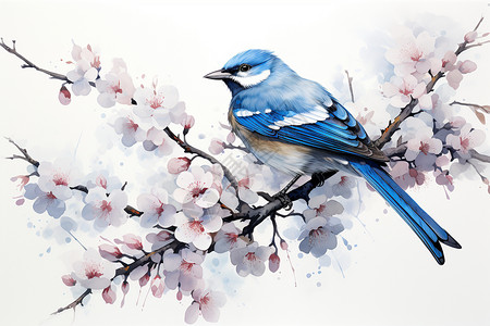 鸟站在花枝上蓝色喜鹊在粉色花枝上插画