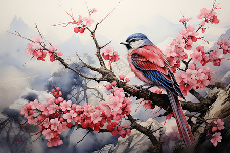 粉色花枝上的鸟儿图片