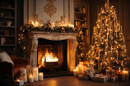 圣诞树与壁炉的温馨之夜背景图片