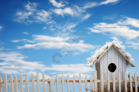 白色木屋蓝天下的鸟窝背景