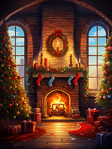 房间内的火炉和圣诞树图片