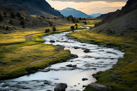 山谷中蜿蜒的自然河流图片