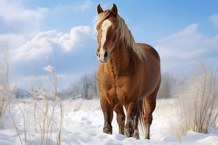 雪地中行走的马儿背景图片