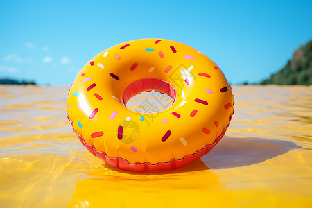 橡胶地垫蓝天下黄色的充气甜甜圈在漂浮插画