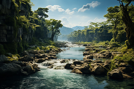 青绿丛林的奔流之河图片