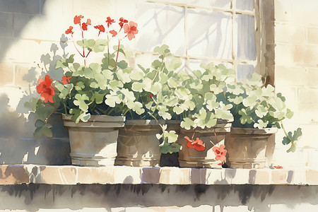 天竺葵绽放窗台上繁盛的盆栽插画