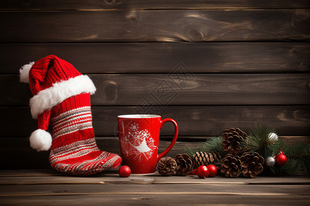 桌子上的圣诞袜和杯子背景图片