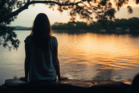 户外酷站欣赏女孩欣赏湖边日落背景