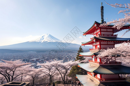 富士山下的美丽樱花高清图片